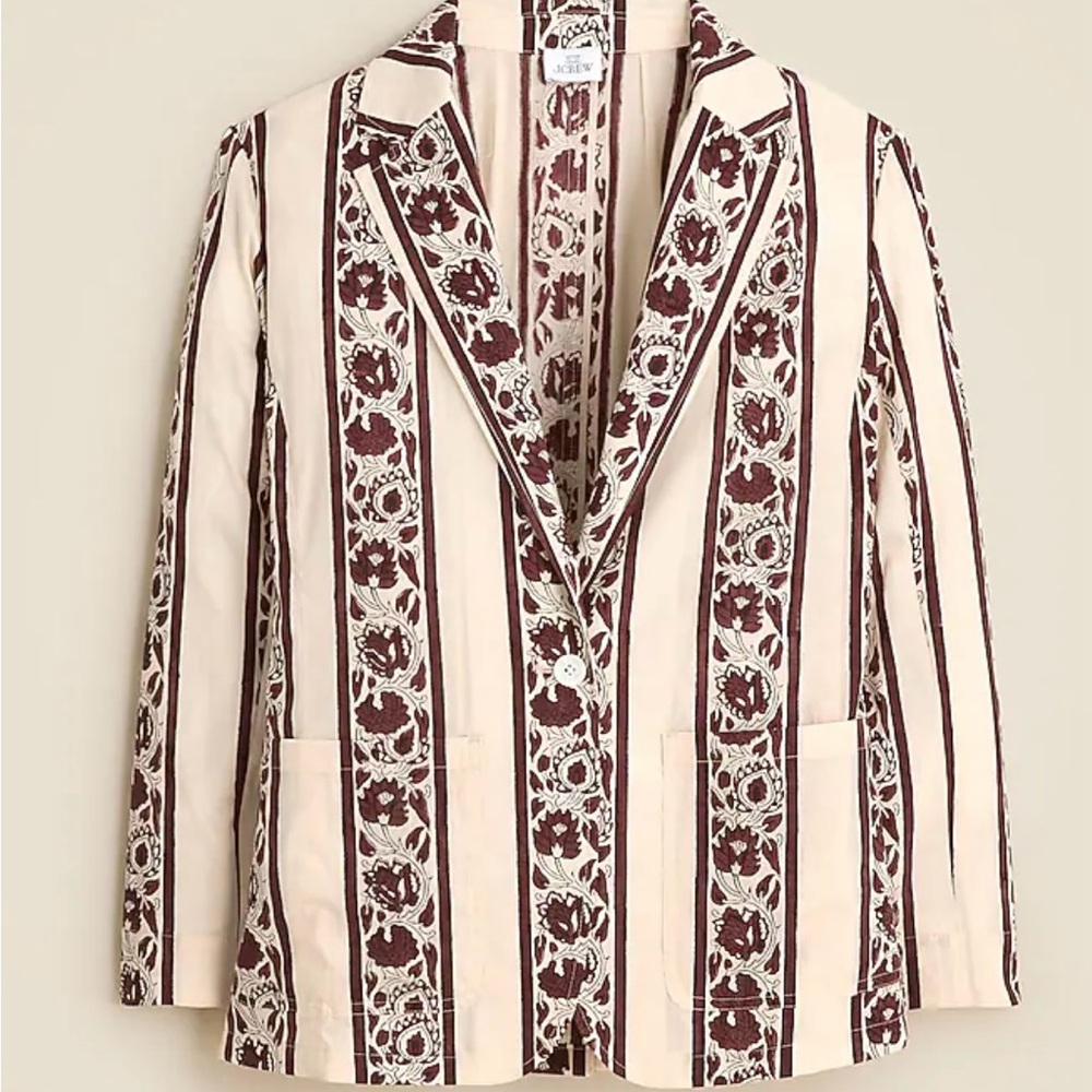 J. Crew SZ Blockprints Burgundy and Cream Floral Striped Blazer